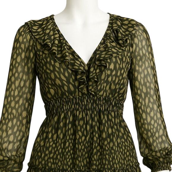 Zara Chiffon Ruffle V-Neck Mini Dress | Black Beige Print | Size Medium - Picture 2 of 4